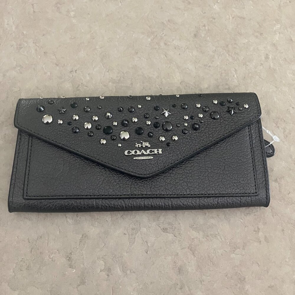 Coach Star Studded Metallic Graphite Envelope Wallet  *NEW*